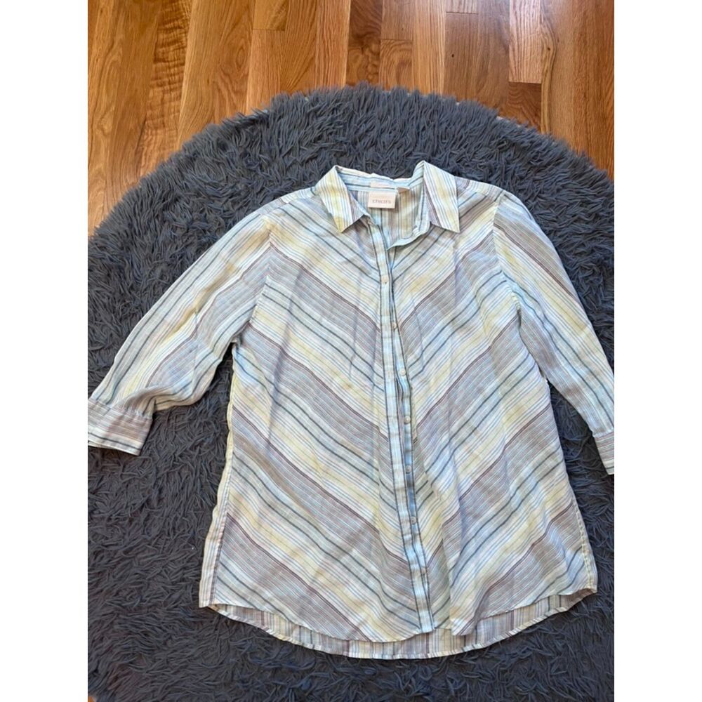 Chicos Women No-iron Linen Striped Tunic Shirt 3/4 Sleeve Button Up Size M